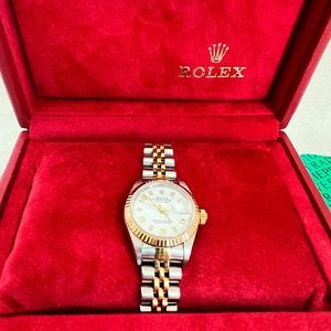 ROLEX LADIES DATEJUST 69173 18K GOLD STEEL WHITE ARABIC DIAL TWO TONE WATCH